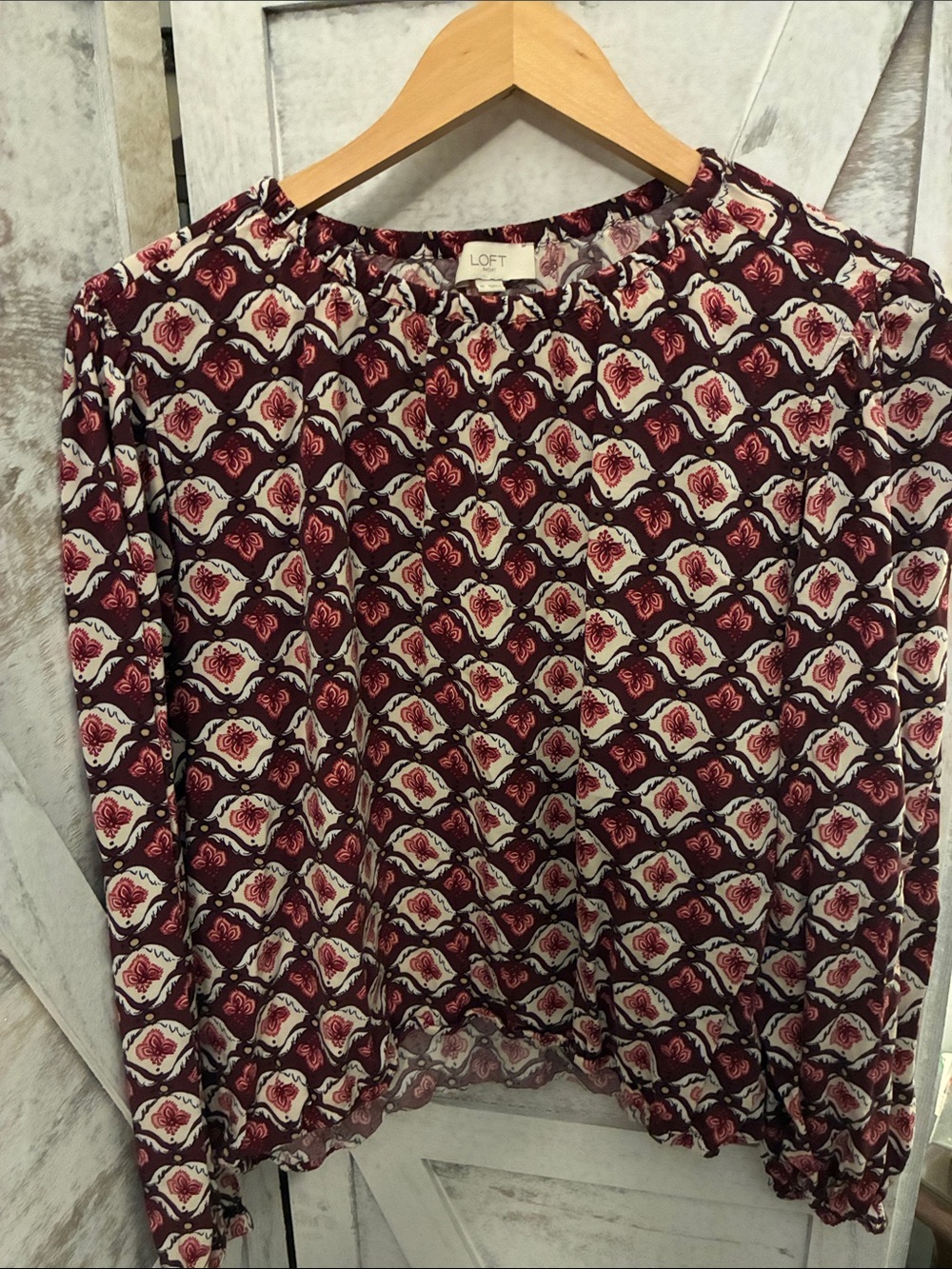 LOFT Burgundy and Cream Geometric Floral Long-Sleeve Blouse